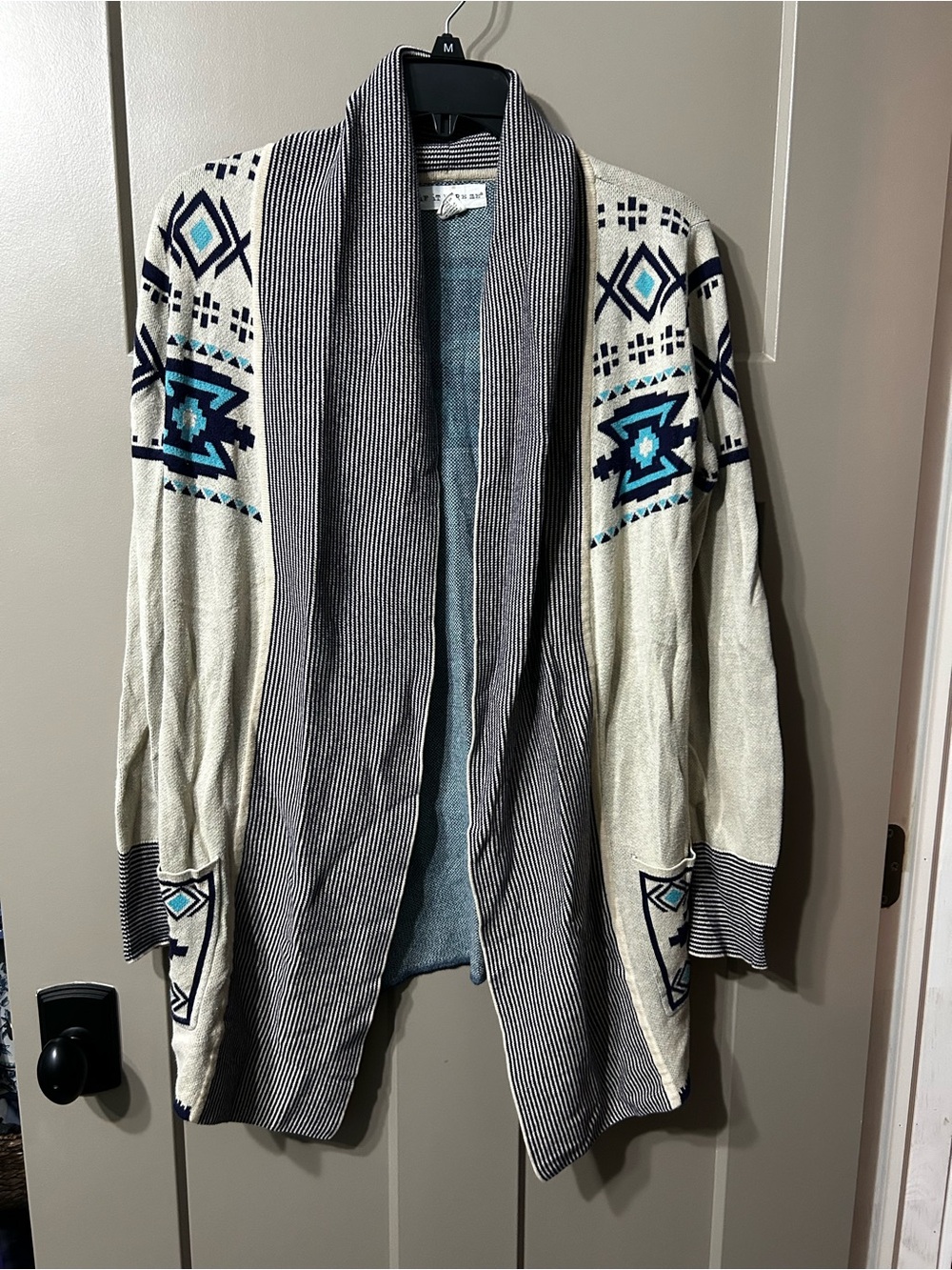 If it Were me 💯 cotton Coastal Aztec Open-Front Cardigan Sweater - Cream & Blue